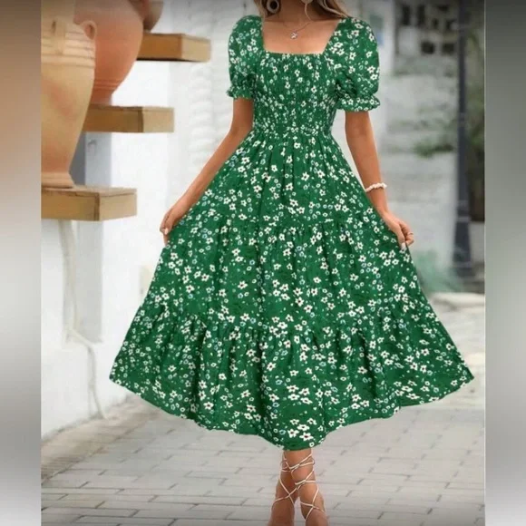 Black Floral Midi Dress with Smocked Bodice - Picture 2 of 9